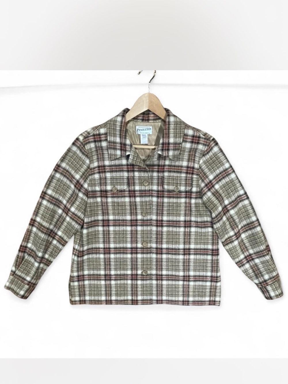 Vintage Pendleton Women’s Large Tan Plaid Virgin Wool Coat Jacket Lined